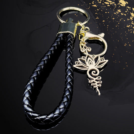 Yoga Lotus Flower Keychain • Kundalini Stainless Steel Gold Color Buddhism Chakra Symbol Keyring W/ Vegan Leather Holder • Witchy Accessory Jewelry • Apollo Tarot Shop