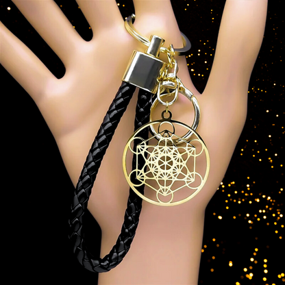 Metatron Cube Stainless Steel Keyring With Vegan Leather Holder • Sacred Geometry Solomon Magick Witchy Keychain • Spiritual Jewelry Gift • Apollo Tarot Shop