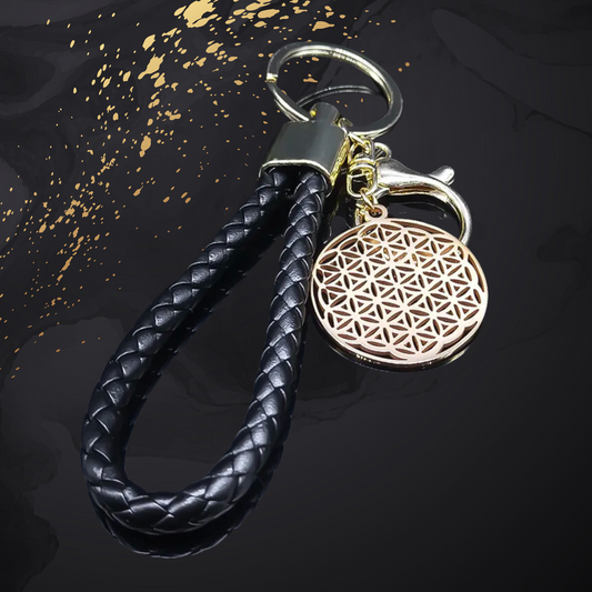 Flower Of Life Stainless Steel Keyring + Vegan Leather Holder • Witchy Women & Spiritual Men Sacred Geometry Magick Keychain Gift Accessory • Apollo Tarot Shop