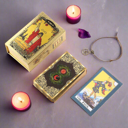 Gold Foil Tarot Deck • Waterproof, Wear-Resistant, Golden Plastic Cards + English Guidebook • RWS Inspired Divination Gift Set • Apollo Tarot Shop