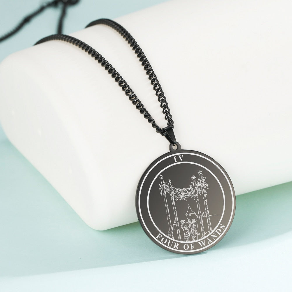 Round Tarot Card Necklace | Suit Of Wands Minor Arcana Rounded Cards Pendant | Unisex Statement Jewelry | Apollo Tarot Shop