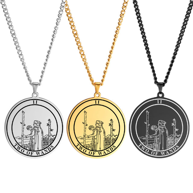 Round Tarot Card Necklace | Suit Of Wands Minor Arcana Rounded Cards Pendant | Unisex Statement Jewelry | Apollo Tarot Shop