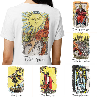 Tarot Card T-Shirt | White Unisex Tees With Front And Back Prints Of Major Arcana Cards | Witchy Shirts For Spiritual Men And Women | Apollo Tarot Shop