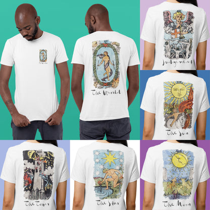 Tarot Card T-Shirt | White Unisex Tees With Front And Back Prints Of Major Arcana Cards | Witchy Shirts For Spiritual Men And Women | Apollo Tarot Shop