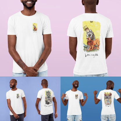 Tarot Card T-Shirt | White Unisex Tees With Front And Back Prints Of Major Arcana Cards | Witchy Shirts For Spiritual Men And Women | Apollo Tarot Shop