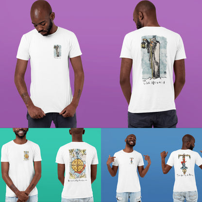 Tarot Card T-Shirt | White Unisex Tees With Front And Back Prints Of Major Arcana Cards | Witchy Shirts For Spiritual Men And Women | Apollo Tarot Shop