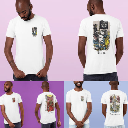 Tarot Card T-Shirt | White Unisex Tees With Front And Back Prints Of Major Arcana Cards | Witchy Shirts For Spiritual Men And Women | Apollo Tarot Shop