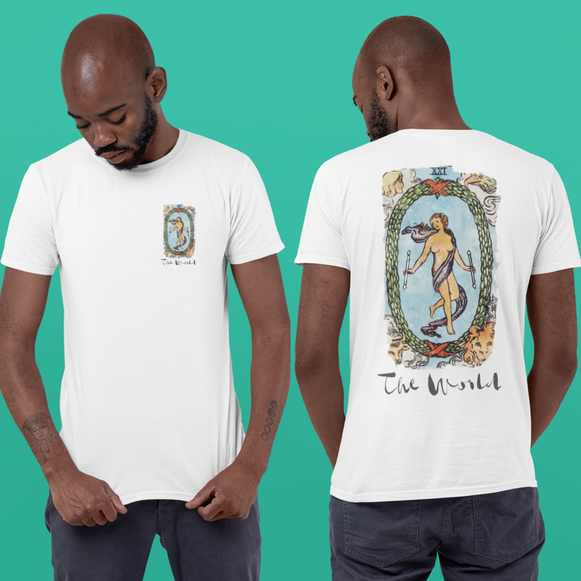 Tarot Card T-Shirt | White Unisex Tees With Front And Back Prints Of Major Arcana Cards | Witchy Shirts For Spiritual Men And Women | Apollo Tarot Shop