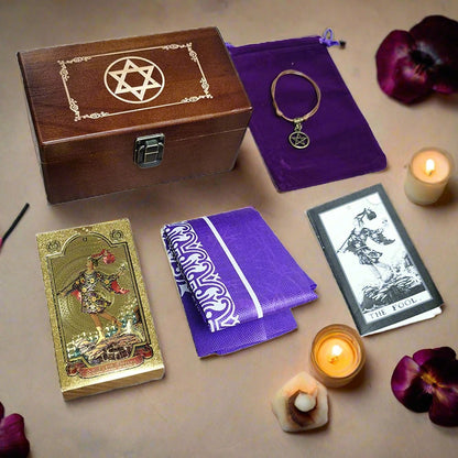 Gold Foil Tarot Deck In A Wooden Gift Box | Universal Tarot Deck Luxury Divination Set Containing Carved Wood Box, Tablecloth, And Guidebook | Apollo Tarot