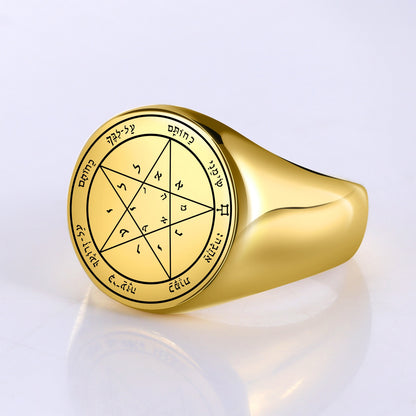 Key Of Solomon Pentacle Amulet Ring | Sigil Magick Talisman Jewelry | Sizes 9 & 10 Gold Plated Stainless Steel Rings | Apollo Tarot Shop