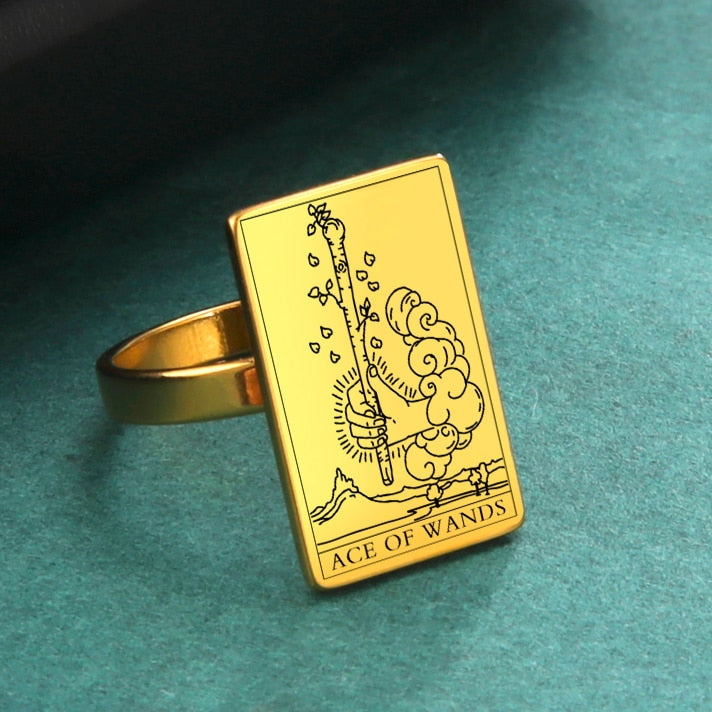 Tarot Card Ring | Suit Of Wands Minor Arcana Tarot Cards | Gold-Plated Stainless Steel Charm Jewelry | Apollo Tarot