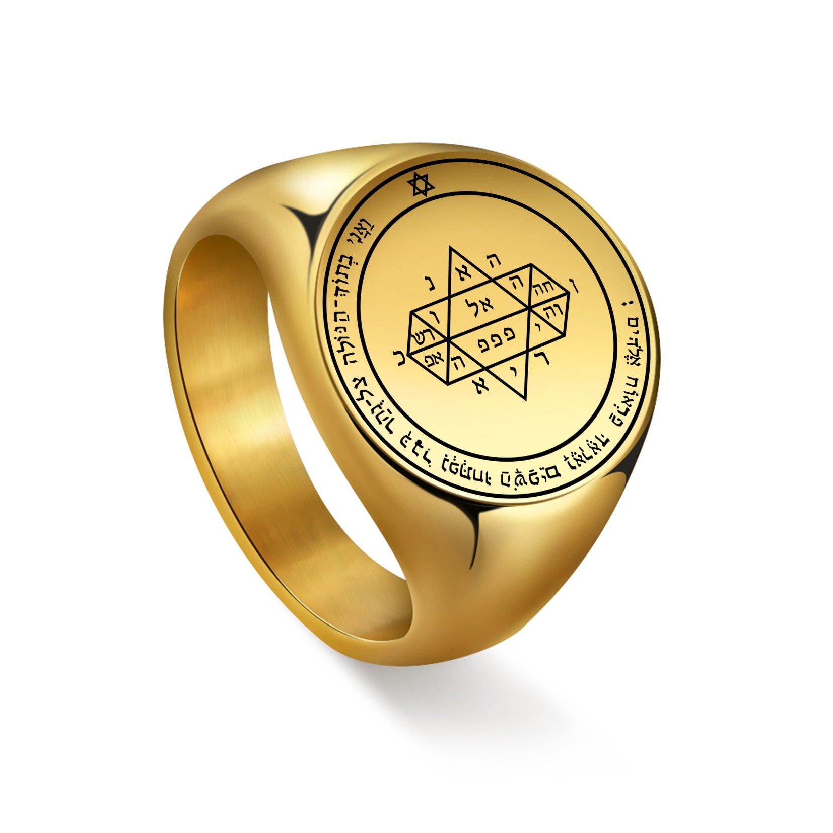 Key Of Solomon Pentacle Amulet Ring | Sigil Magick Talisman Jewelry | Sizes 9 & 10 Gold Plated Stainless Steel Rings | Apollo Tarot Shop