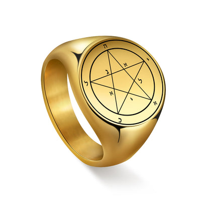 Key Of Solomon Pentacle Amulet Ring | Sigil Magick Talisman Jewelry | Sizes 9 & 10 Gold Plated Stainless Steel Rings | Apollo Tarot Shop