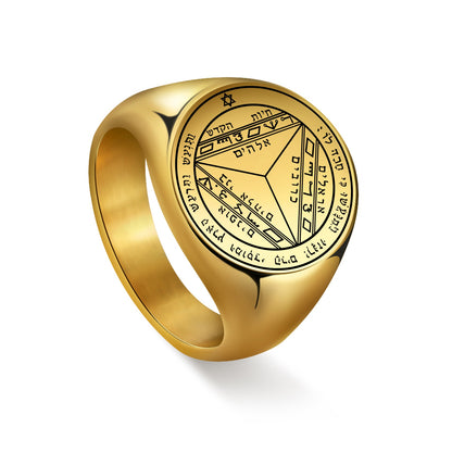 Key Of Solomon Pentacle Amulet Ring | Sigil Magick Talisman Jewelry | Sizes 9 & 10 Gold Plated Stainless Steel Rings | Apollo Tarot Shop