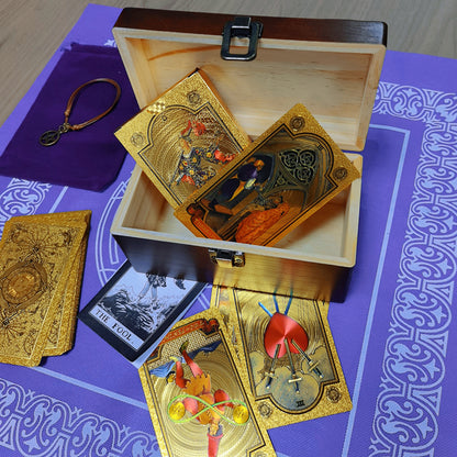 Gold Foil Tarot Deck In A Wooden Gift Box | Universal Tarot Deck Luxury Divination Set Containing Carved Wood Box, Tablecloth, And Guidebook | Apollo Tarot