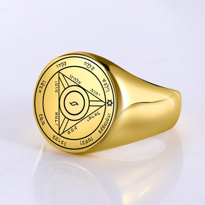 Key Of Solomon Pentacle Amulet Ring | Sigil Magick Talisman Jewelry | Sizes 9 & 10 Gold Plated Stainless Steel Rings | Apollo Tarot Shop