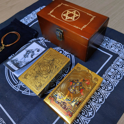 Gold Foil Tarot Deck In A Wooden Gift Box | Universal Tarot Deck Luxury Divination Set Containing Carved Wood Box, Tablecloth, And Guidebook | Apollo Tarot