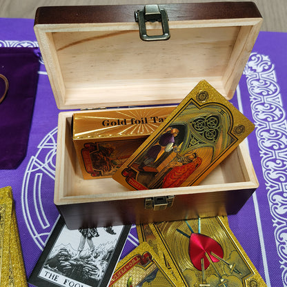 Gold Foil Tarot Deck In A Wooden Gift Box | Universal Tarot Deck Luxury Divination Set Containing Carved Wood Box, Tablecloth, And Guidebook | Apollo Tarot