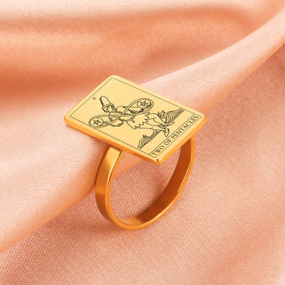 Gold Tarot Card Ring | Charms From The Suit Of Pentacles Rider-Waite-Smith Deck | Apollo Tarot