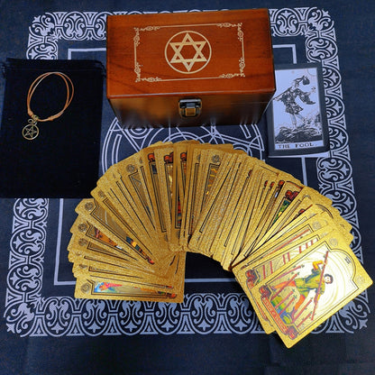 Gold Foil Tarot Deck In A Wooden Gift Box | Universal Tarot Deck Luxury Divination Set Containing Carved Wood Box, Tablecloth, And Guidebook | Apollo Tarot