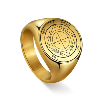 Key Of Solomon Pentacle Amulet Ring | Sigil Magick Talisman Jewelry | Sizes 11 & 12 Gold Plated Stainless Steel Rings | Apollo Tarot Jewelry Shop