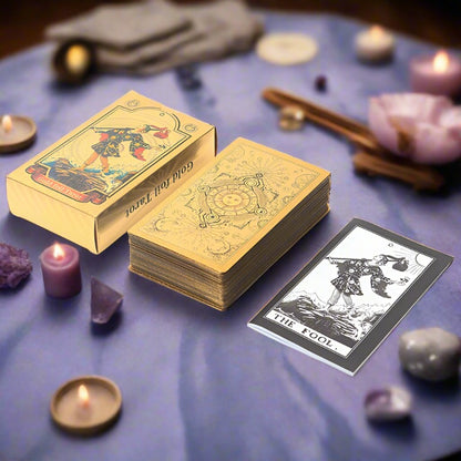 Gold Foil Tarot Deck In A Wooden Gift Box | Universal Tarot Deck Luxury Divination Set Containing Carved Wood Box, Tablecloth, And Guidebook | Apollo Tarot