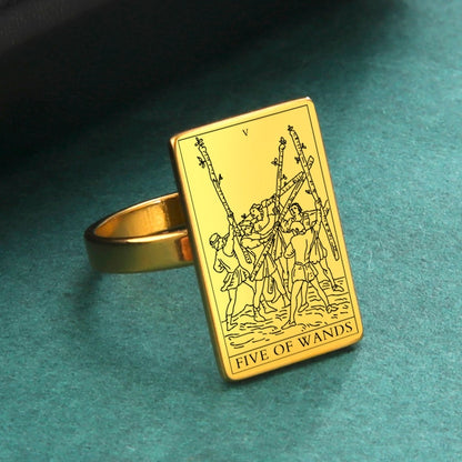 Tarot Card Ring | Suit Of Wands Minor Arcana Tarot Cards | Gold-Plated Stainless Steel Charm Jewelry | Apollo Tarot