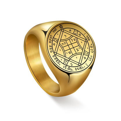 Key Of Solomon Pentacle Amulet Ring | Sigil Magick Talisman Jewelry | Sizes 9 & 10 Gold Plated Stainless Steel Rings | Apollo Tarot Shop