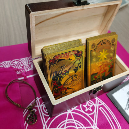 Gold Foil Tarot Deck In A Wooden Gift Box | Universal Tarot Deck Luxury Divination Set Containing Carved Wood Box, Tablecloth, And Guidebook | Apollo Tarot