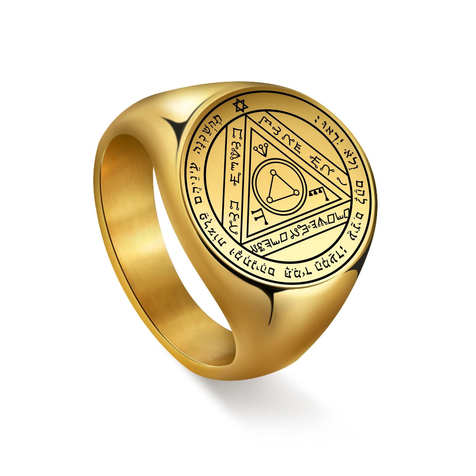 Key Of Solomon Pentacle Amulet Ring | Sigil Magick Talisman Jewelry | Sizes 11 & 12 Gold Plated Stainless Steel Rings | Apollo Tarot Jewelry Shop