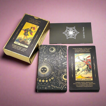 Beginner Tarot Deck With Meaning Keywords | Gold Foil Tarot Cards In Economic Tuck Box + English Guidebook For Newbie Readers | Apollo Tarot Shop