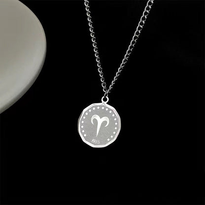 Twelve Constellation Long Necklace | 12 Zodiac Signs Round Silver Color Pendant | Witchy Birthday Gift Jewelry For Spiritual Men & Women | Apollo Tarot Shop