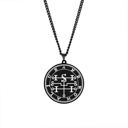 Black Necklace With Seals Of The 72 Spirits In The Lesser Key of Solomon | King Asmoday Demon Origins Goetia Stainless Steel Pendant | Apollo Tarot Jewelry Shop