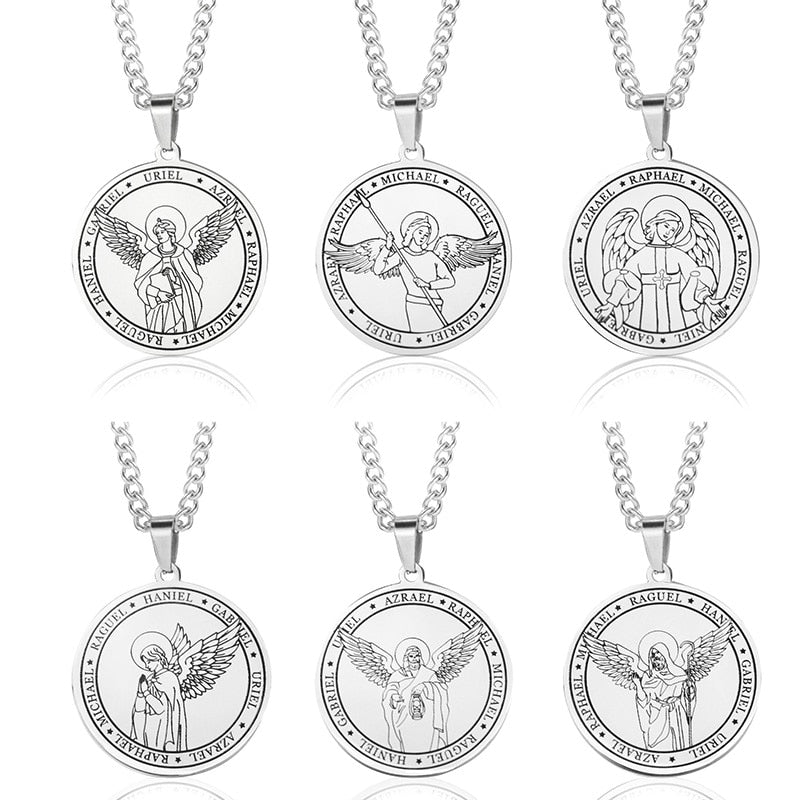 7 Archangels Portrait Necklace | Angel Wings Stainless Steel Pendants | Spiritual Jewelry Religious Amulet For Protection & Luck | Apollo Tarot Shop