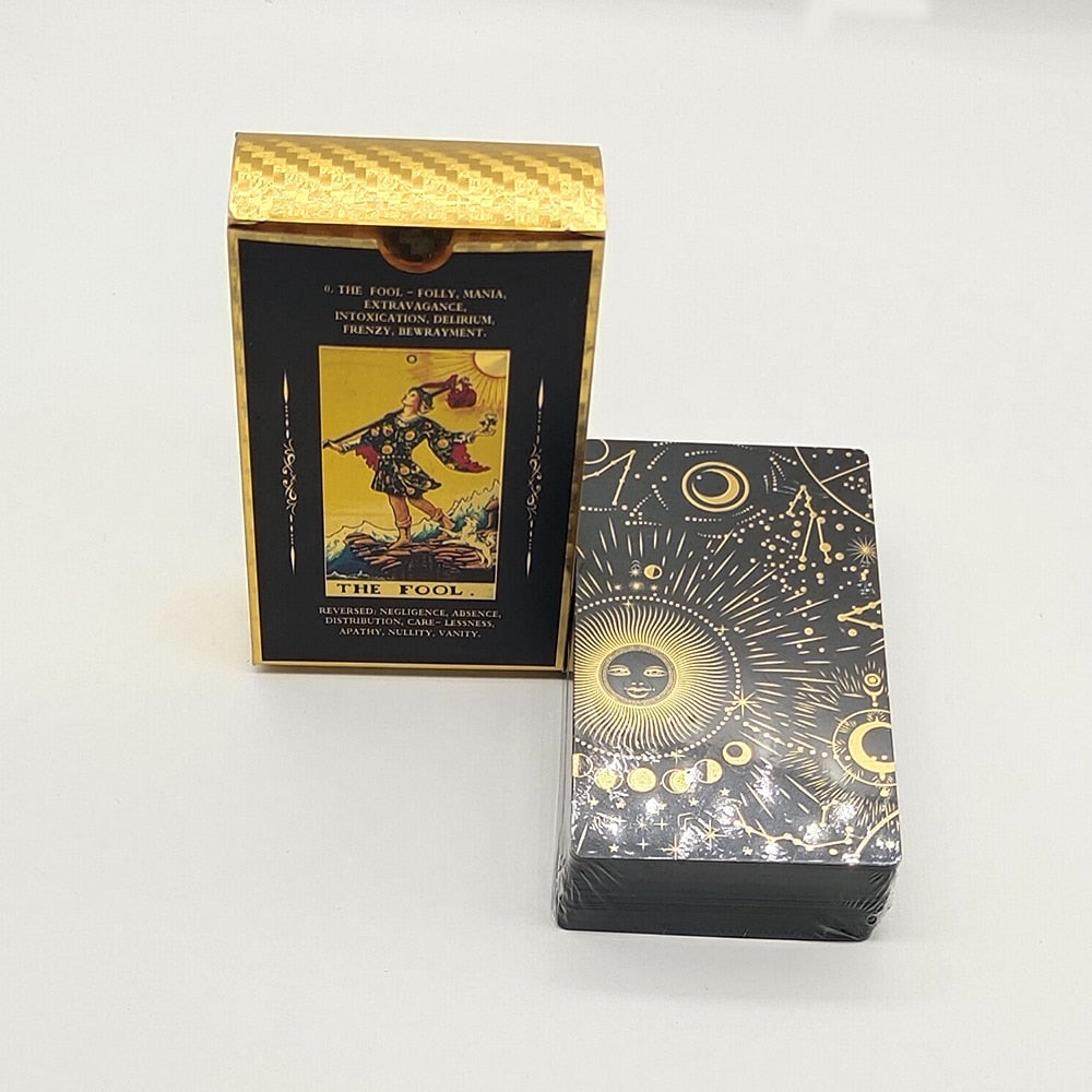 Beginner Tarot Deck With Meaning Keywords | Gold Foil Tarot Cards In Economic Tuck Box + English Guidebook For Newbie Readers | Apollo Tarot Shop