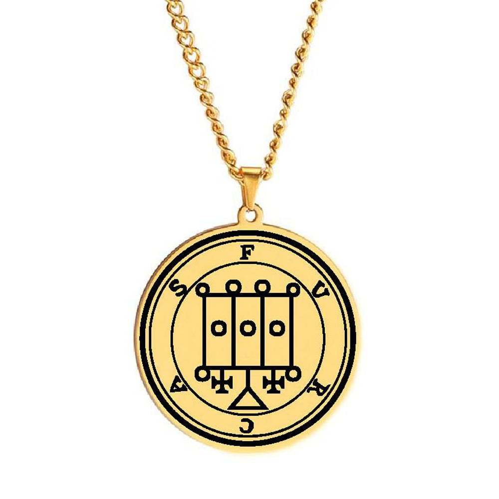 Gold Pendant Necklace With Seals Of The 72 Spirits In The Lesser Key of Solomon (Sigils 49-60) | Apollo Tarot Jewelry Shop