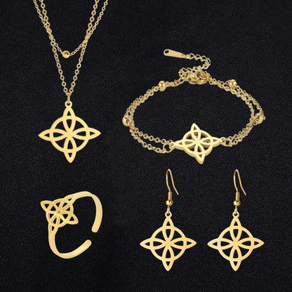 Witch Knot Jewelry Set | Witchy Celtic Necklace, Bracelet, Earring, & Ring Four-Piece Set | Witchcraft Amulet Gift For Wiccan Pagan Women | Apollo Tarot Shop