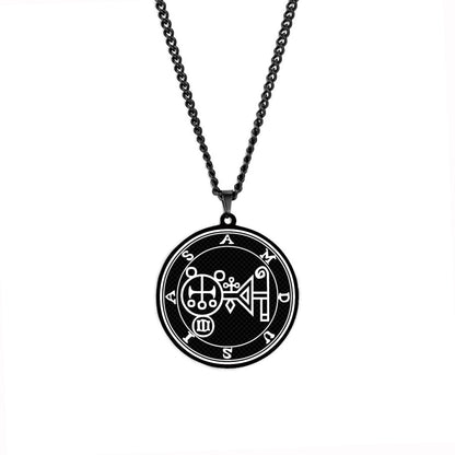 Black Necklace With Seals Of The 72 Spirits In The Lesser Key of Solomon | King Asmoday Demon Origins Goetia Stainless Steel Pendant | Apollo Tarot Jewelry Shop