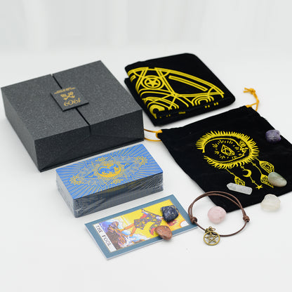 Gold Foil Tarot Deck | 1909 Blue Or Green Colored Plastic Premium Cards | Luxury Divination Gift Box W/ Tablecloth, Deck Pouch, English Guidebook, Crystal Stones & Amulet | Apollo Tarot Shop