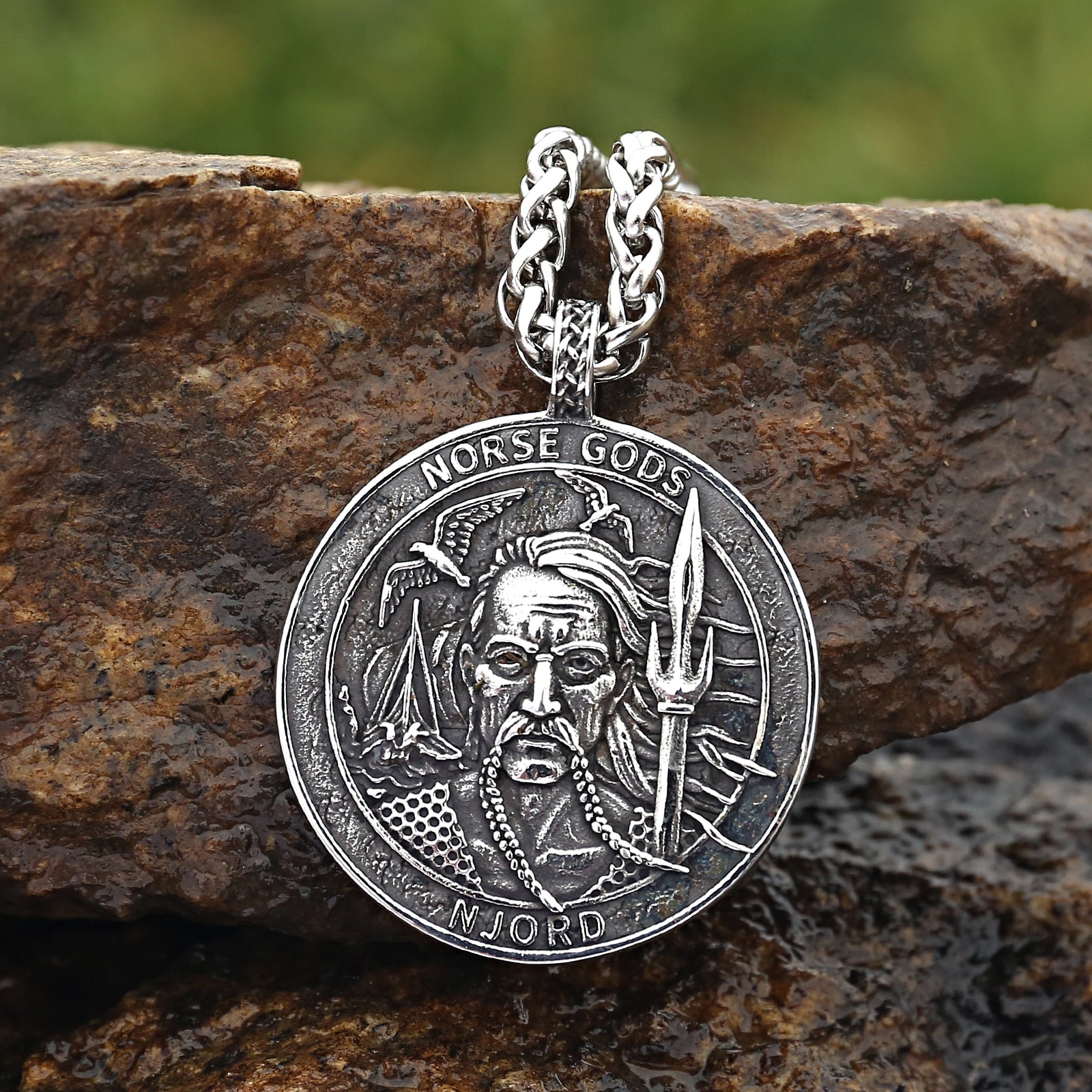 Norse God Njord Coin Necklace | The Helm of Awe Ancient Mythology Amulet Pendant | Viking Pagan Worship Jewelry