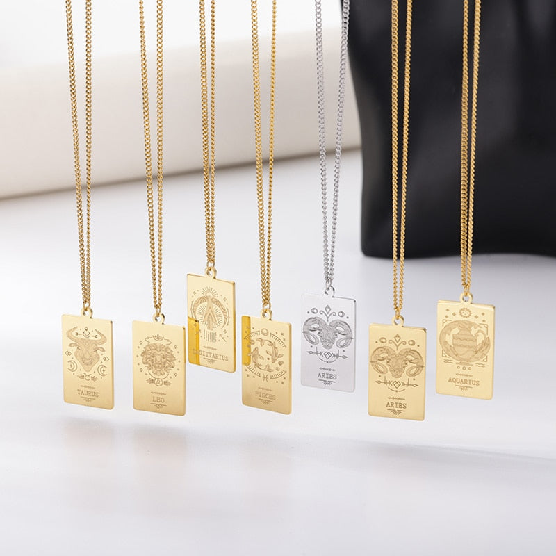 Zodiac Sign Necklace | Astrology Symbols Of The 12 Constellations In Silver Or Gold-Plated Stainless Steel Pendants On 45cm Dainty Chain | Apollo Tarot Shop