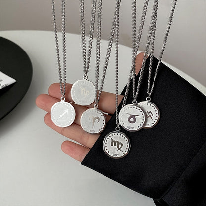 Twelve Constellation Long Necklace | 12 Zodiac Signs Round Silver Color Pendant | Witchy Birthday Gift Jewelry For Spiritual Men & Women | Apollo Tarot Shop