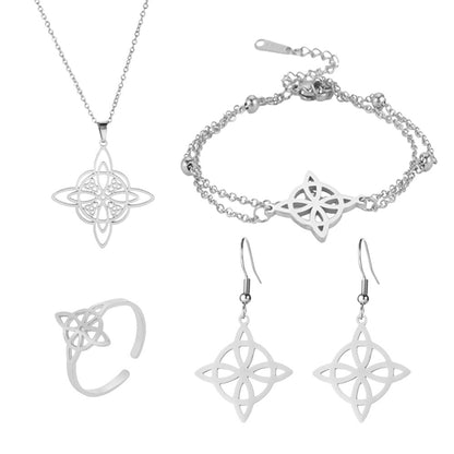 Witch Knot Jewelry Set | Witchy Celtic Necklace, Bracelet, Earring, & Ring Four-Piece Set | Witchcraft Amulet Gift For Wiccan Pagan Women | Apollo Tarot Shop