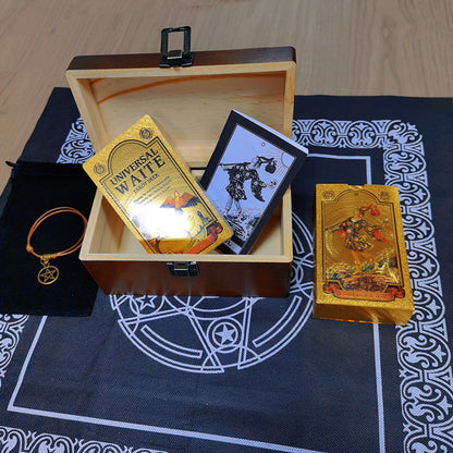 Gold Foil Tarot Deck In A Wooden Gift Box | Universal Tarot Deck Luxury Divination Set Containing Carved Wood Box, Tablecloth, And Guidebook | Apollo Tarot