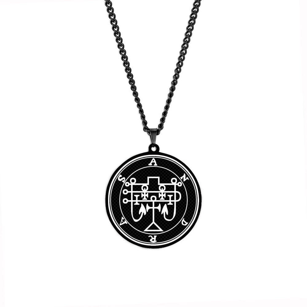 Black Necklace With Seals Of The 72 Spirits In The Lesser Key of Solomon | King Asmoday Demon Origins Goetia Stainless Steel Pendant | Apollo Tarot Jewelry Shop