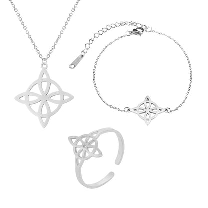 Witch Knot Jewelry Set | Witchy Celtic Necklace, Bracelet, Earring, & Ring Four-Piece Set | Witchcraft Amulet Gift For Wiccan Pagan Women | Apollo Tarot Shop