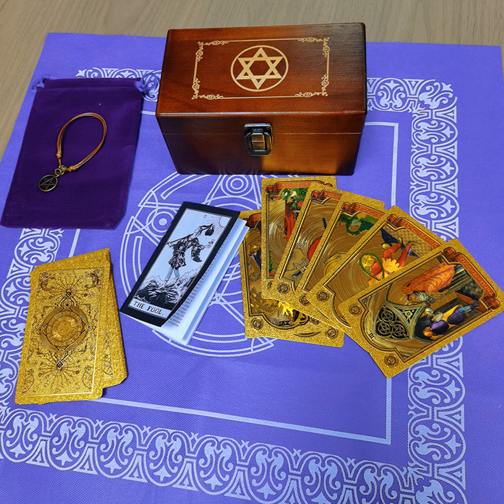 Gold Foil Tarot Deck In A Wooden Gift Box | Universal Tarot Deck Luxury Divination Set Containing Carved Wood Box, Tablecloth, And Guidebook | Apollo Tarot