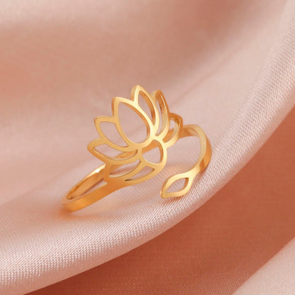 Lotus Flower Ring | Ohm Yoga Jewelry For Spiritual Women | Om Symbol Adjustable Rings Amulet | Religious Gift Accessory | Apollo Tarot Shop