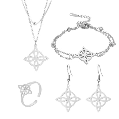 Witch Knot Jewelry Set | Witchy Celtic Necklace, Bracelet, Earring, & Ring Four-Piece Set | Witchcraft Amulet Gift For Wiccan Pagan Women | Apollo Tarot Shop