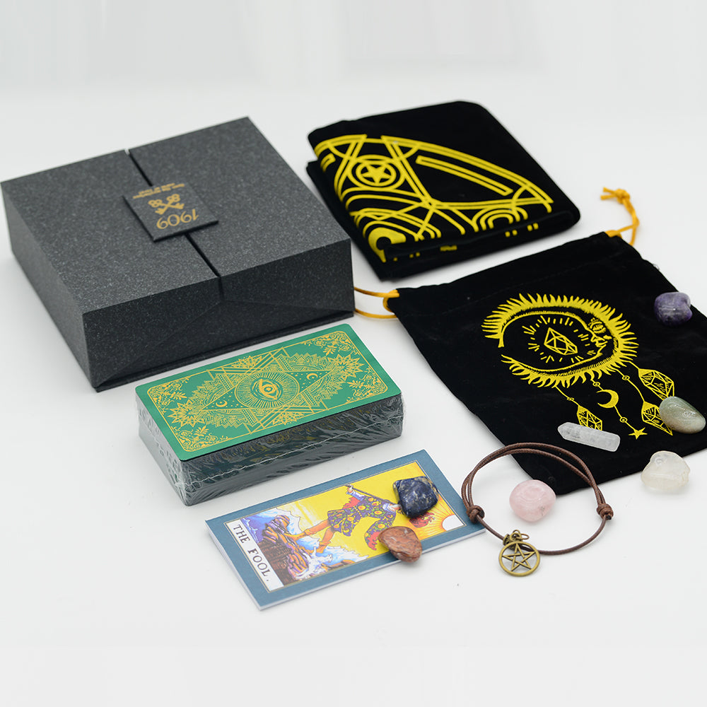 Gold Foil Tarot Deck | 1909 Blue Or Green Colored Plastic Premium Cards | Luxury Divination Gift Box W/ Tablecloth, Deck Pouch, English Guidebook, Crystal Stones & Amulet | Apollo Tarot Shop